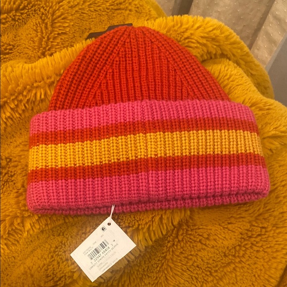 Unisex varsity wool blend Coach Pink and Orange Striped Knit beanie Hat OS - Picture 5 of 9